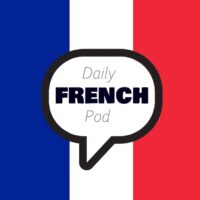 French blue, white, and red flag with a conversation bubble in the middle reading "Daily French Pod"