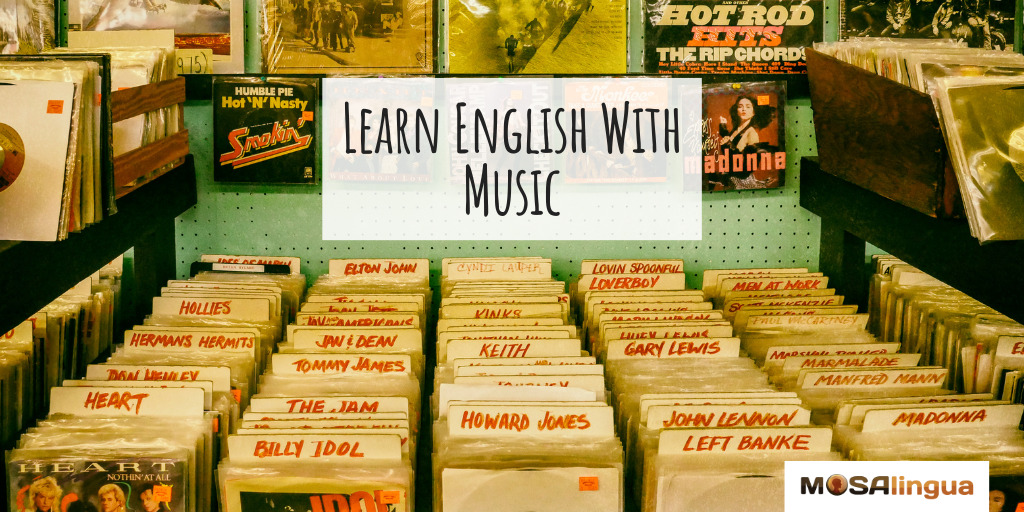 Image of music in a record store with text "Learn English with Music."