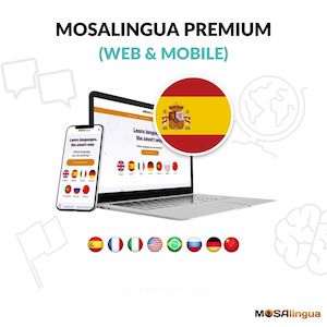 MosaLingua Premium (web and mobile) Spanish tool on a smartphone and tablet.