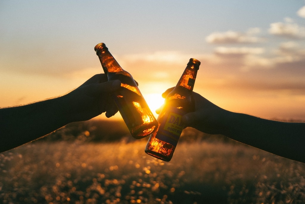 toasting with beers in a field at sunset