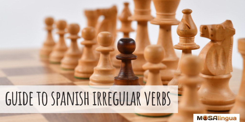 irregular verbs in spanish chess board with one black piece among white