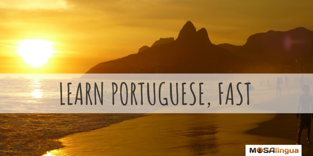brazilian beach at sunset mountains in background text reads learn portuguese fast mosalingua