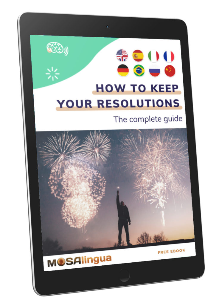 Cover of eBook: How to keep Your New Year's Resolutions by MosaLingua displayed on a tablet.