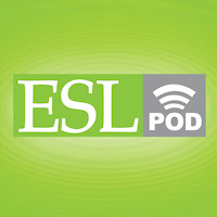 Logo for ESLPod English Podcast. Image simply reads: ESL Pod on a green and gray background.