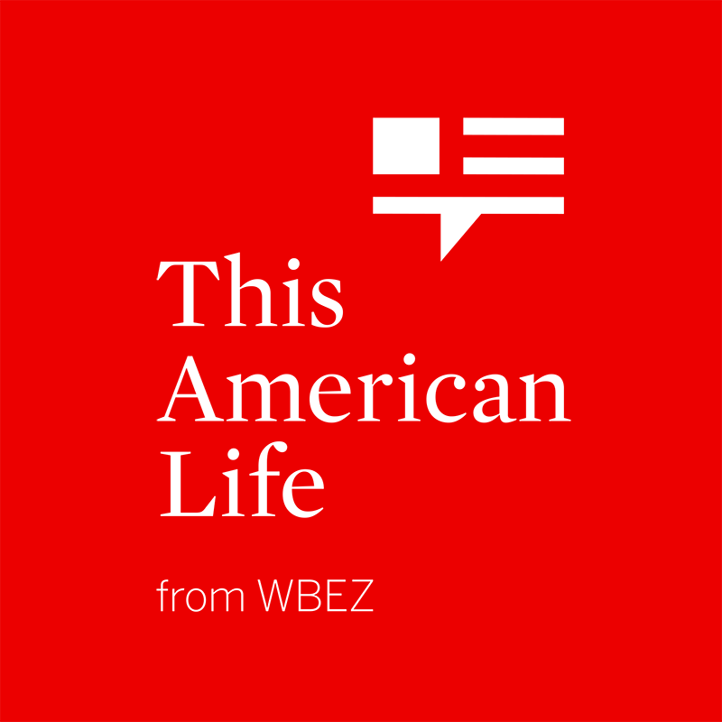 Logo for This American Life radio show. Text on a red background reads: This American Life from WBEZ, with a speech bubble that looks like a stylized American flag.