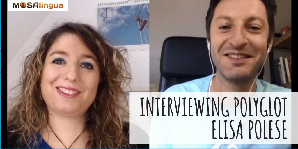 Thumbnail from video interview about learning foreign languages showing both Luca Sadurny and Elisa Polese on screen. Text reads: Interviewing Polyglot Elisa Polese