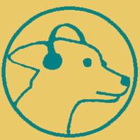 Logo for Podcasts in English. Cartoon image of a dog wearing headphones.