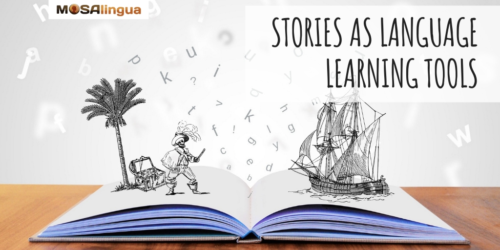 Book open on a wooden table, with line drawings that are coming off the page. On the left page, a skeleton pirate on an island in front of a palm tree and a treasure chest. On the right page, a pirate ship approaches. Text reads: stories as language learning tools. MosaLingua.