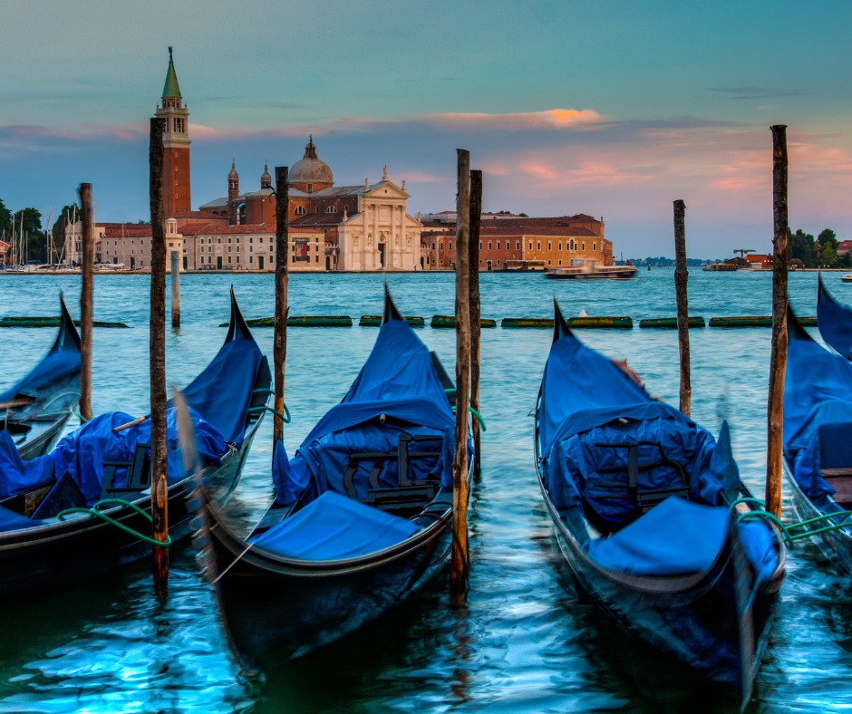 Blue boats in Venice, Italy