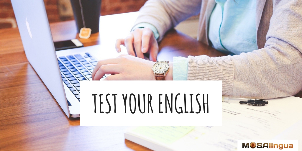Person sitting at a table and typing on their laptop. MosaLingua English Level Test: Test your English.