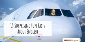 Image of an airplane with William Shakespeare sitting in the cockpit. Test reads "15 suprising fun facts about English."