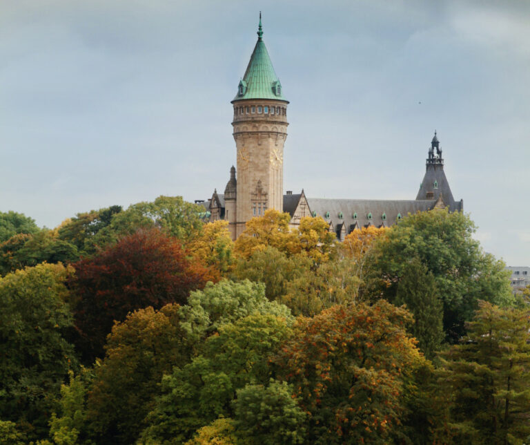 Photo of a castle on a wooded hillside in Luxemburg.