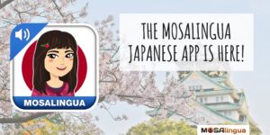 learn MosaLingua Japanese learning app icon. Background shows a