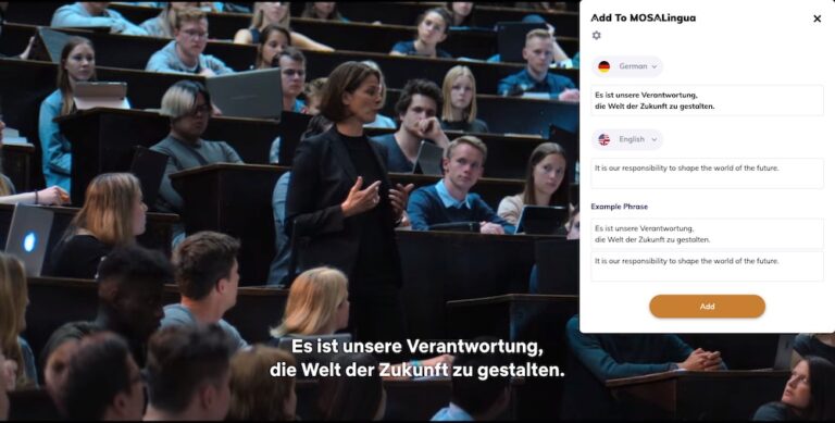 Screenshot of a German film being watched on Netflix with subtitles in German. MosaDiscovery appears as a pop-up with the option to add the subtitles and their translation as a new flashcard.