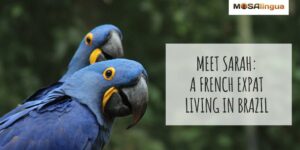 Two Hyacinth macaws, blue parrots with bright yellow around the eyes and beak, in a leafy green background. Text reads: Meet Sarah, a French expat living in Brazil. MosaLingua.