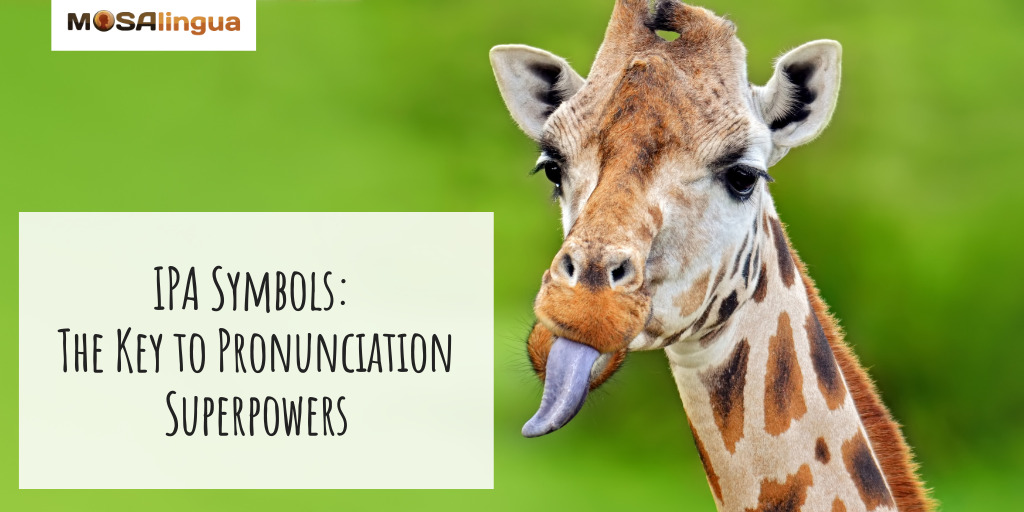 Image of a giraffe with tongue sticking out. Text reads "IPA Symbols: The Key to Pronunciation Superpowers."