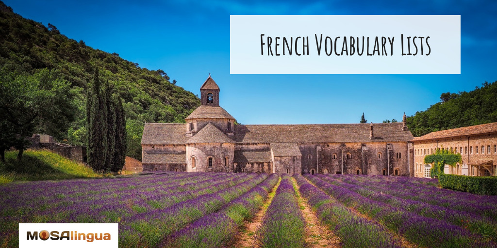 Photo of lavender fields with church in background. Text reads "French vocabulary lists."