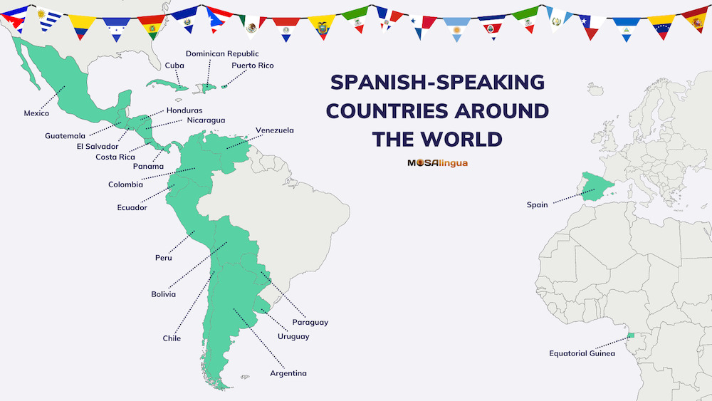 An infographic of all 21 Spanish-speaking countries highlighted and labeled on a world map. A string of triangular flags representing all 21 countries is strung along the top. Text reads: Spanish-speaking countries around the world. MosaLingua