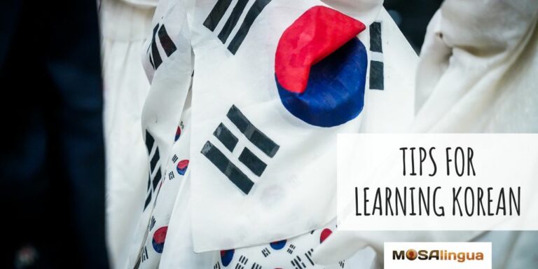 Korean flag. Text reads: Tips to learn Korean. MosaLingua