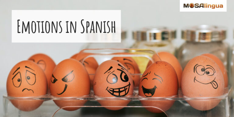 A carton of eggs with different faces drawn on them. Text reads: Emotions in Spanish. MosaLingua