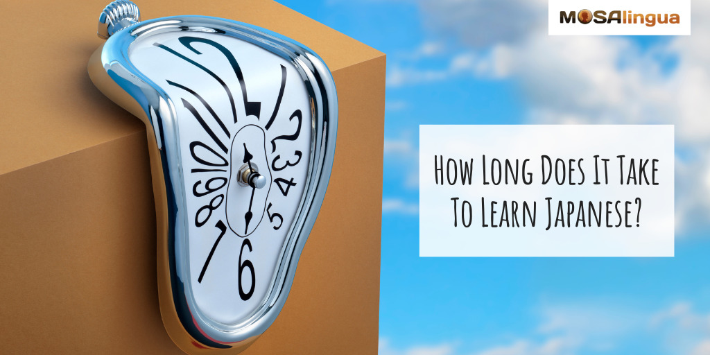 Image of a melting clock with text "How long does it take to learn Japanese?"