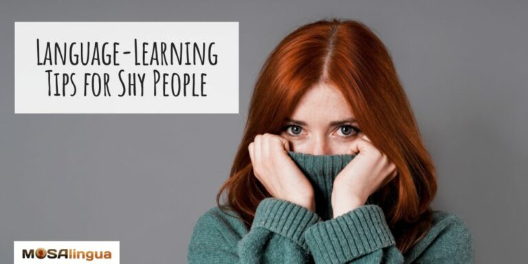 Image of a woman hiding her mouth with her shirt. Text reads "Language-Learning Tips for Shy People."