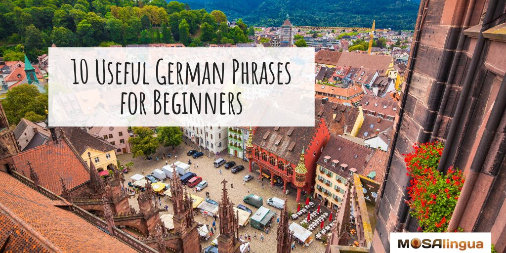 Aerial image of a town square from the roof of a Gothic church. Text reads: "10 Useful German Phrases for Beginners."
