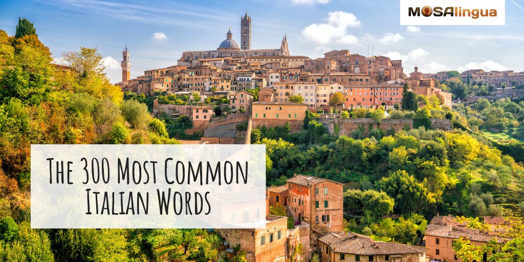 Photograph of a small town in the Italian countryside. Text reads "The 300 Most Common Italian Words."