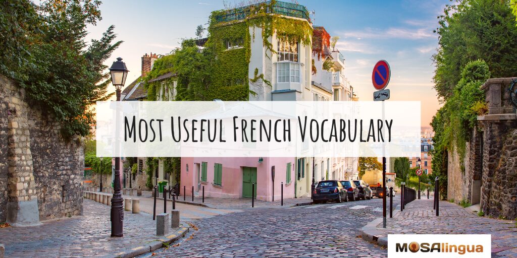 Image of a cobblestone street in France. Text reads "Most Useful French Vocabulary." For Most Common French Words Article.