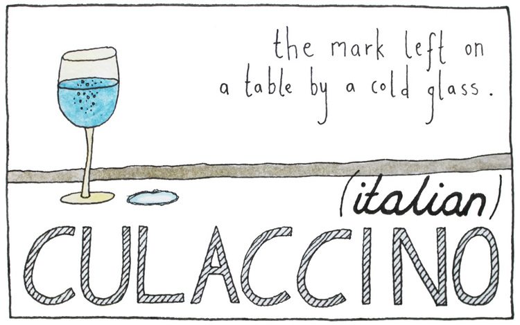 Illustration by Ella Frances Sanders showing a water glass, next to the market left on the table by a cold glass. In Italian, this concept is called culaccino. Untranslatable words is part of how language shapes the way we think and perceive the world.