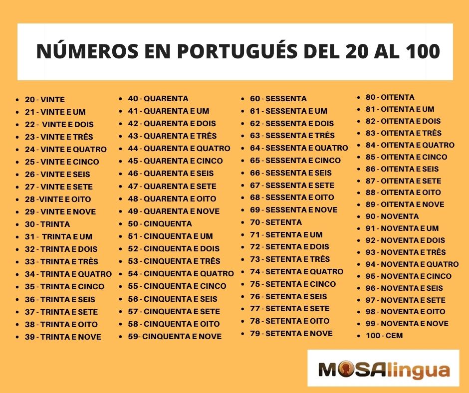 numeros en portugues del 20 al 100 